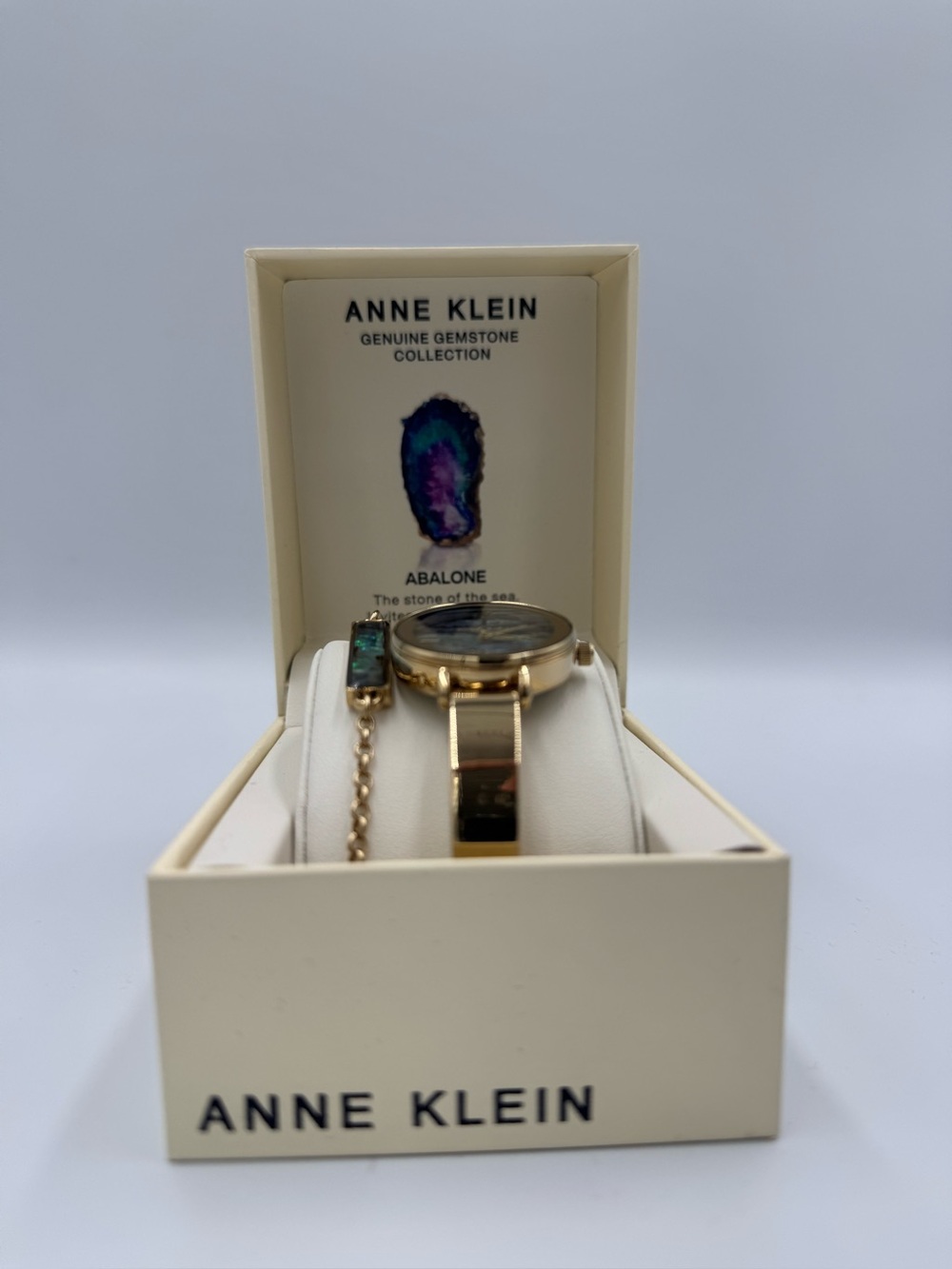 Anne Klein Gold-Tone Watch with Iridescent Abalone Dial and Bracelet Accent - Picture 7 of 9